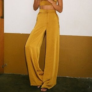 Le Rumi Arabella Mustard Gold Satin Wide Leg Trousers